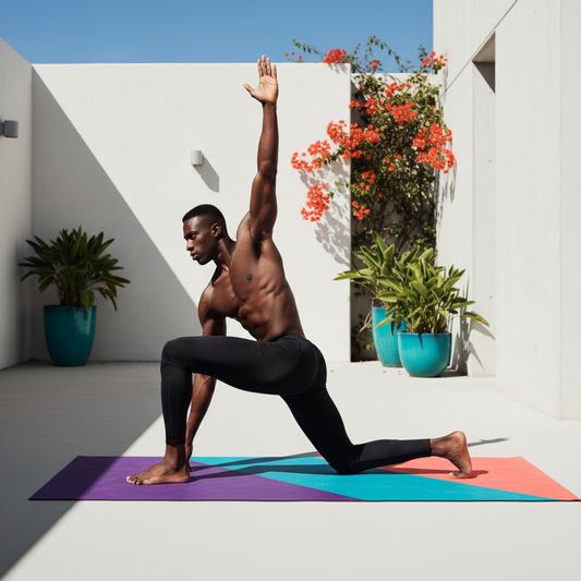 Athletic man doing yoga on colorful mat outdoors