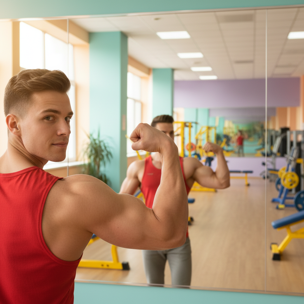 Guy in red tank flexing in colorful gym