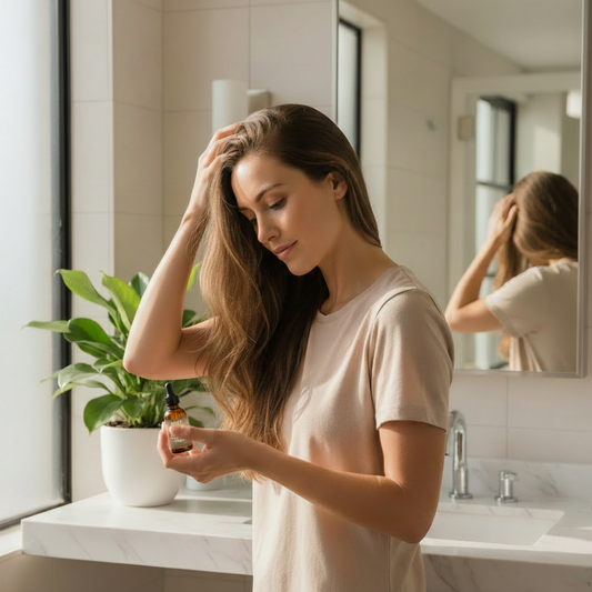 Woman applying MullY hair serum in bathroom with plant