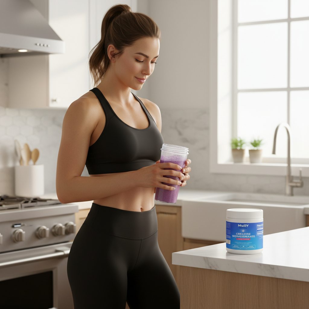 Woman looking at drink with Mully product