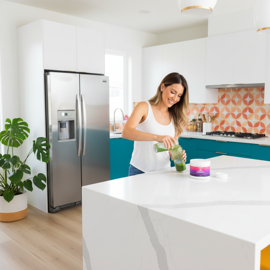 Woman mixing greens in vibrant kitchen with product on counter